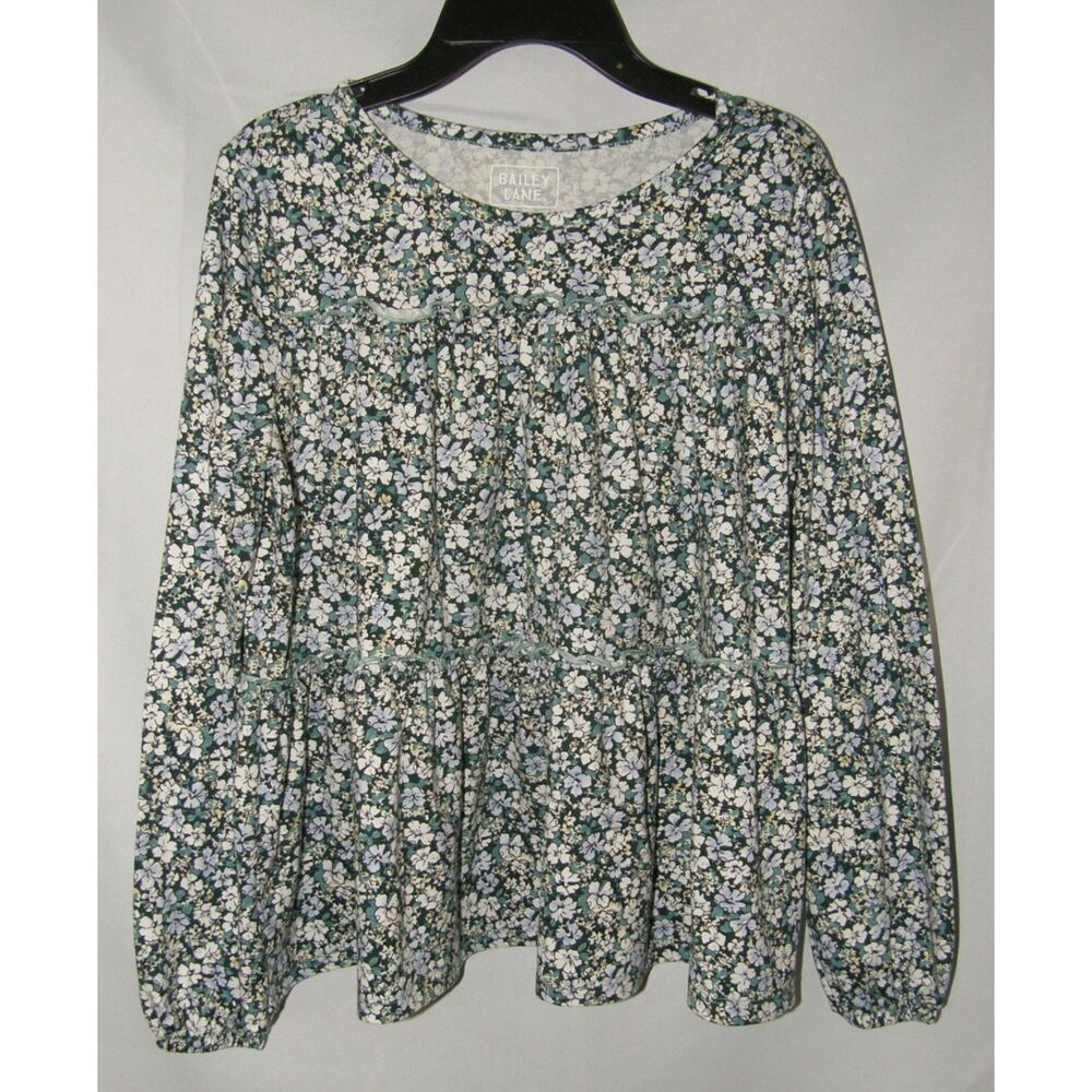 BAILEY LANE Girls Sz Large (12-14) Soft Stretchy Green Floral Tiered Boho Shirt